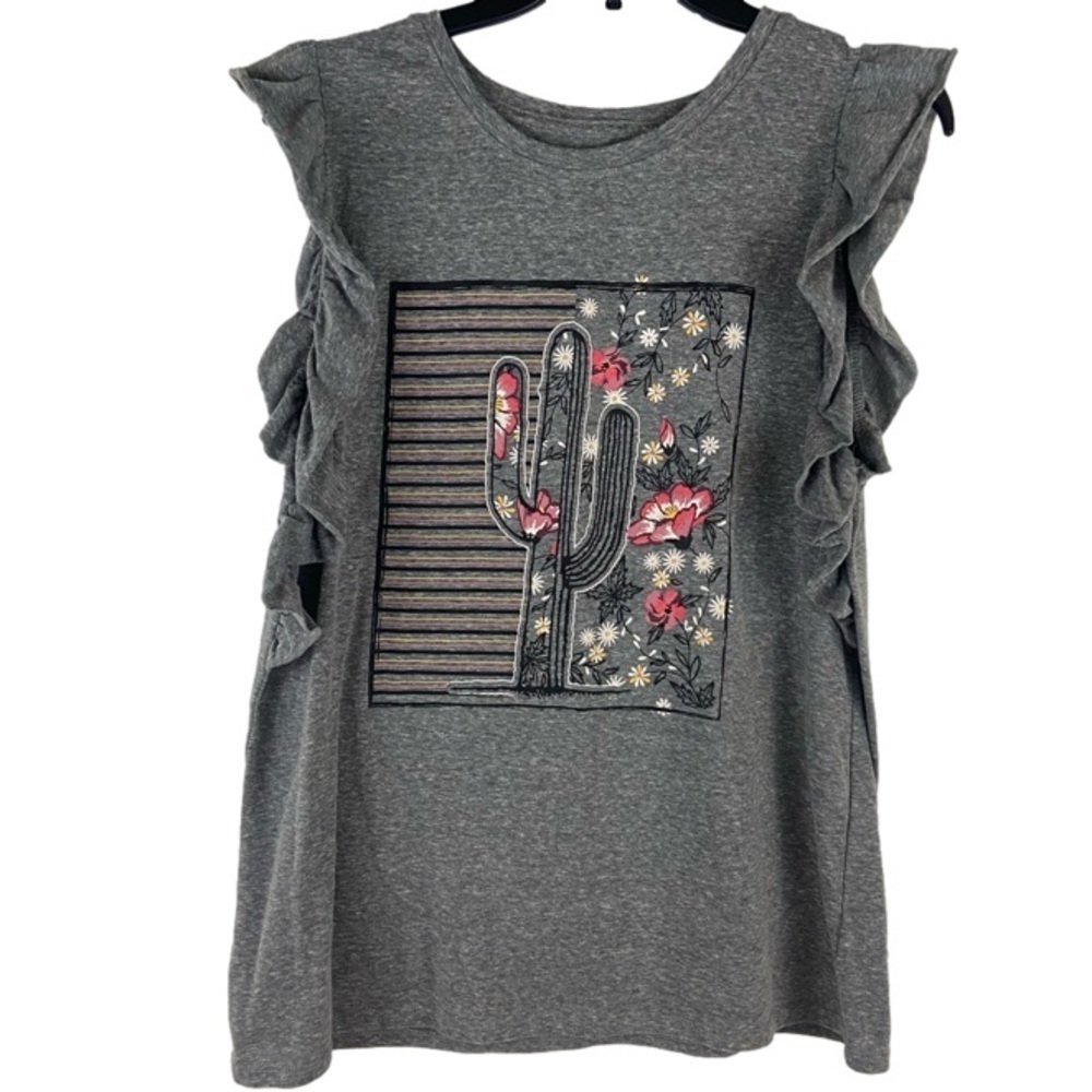 Mic and Jax Gray Desert Scene Cactus Flutter Sleeve Top Size Large
